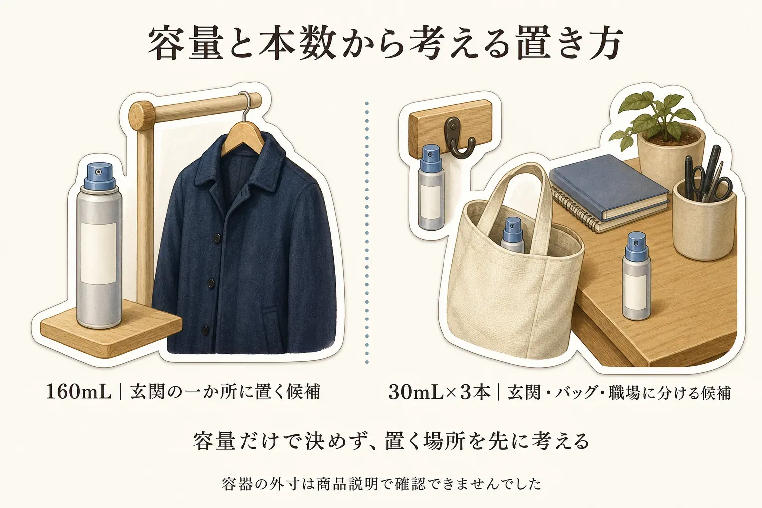 容量と本数から考える衣類用静電気防止スプレーの置き方を示す図。左は160mLを玄関のコート掛け近く一か所に置く候補、右は30mLを3本、玄関・バッグ・職場に分けて置く候補を描く。容量だけで決めず置く場所を先に考え、容器の外寸は商品説明で確認できなかったことを示している。
