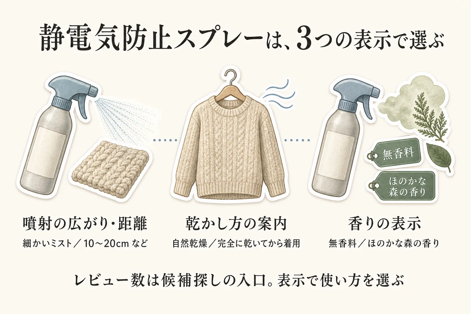 静電気防止スプレーを選ぶ3つの表示として、噴射の広がり・距離は細かいミストや10〜20cm、乾かし方の案内は自然乾燥や完全に乾いてから着用、香りの表示は無香料やほのかな森の香りを示す図。レビュー数は候補探しの入口で、表示で使い方を選ぶことを示している。