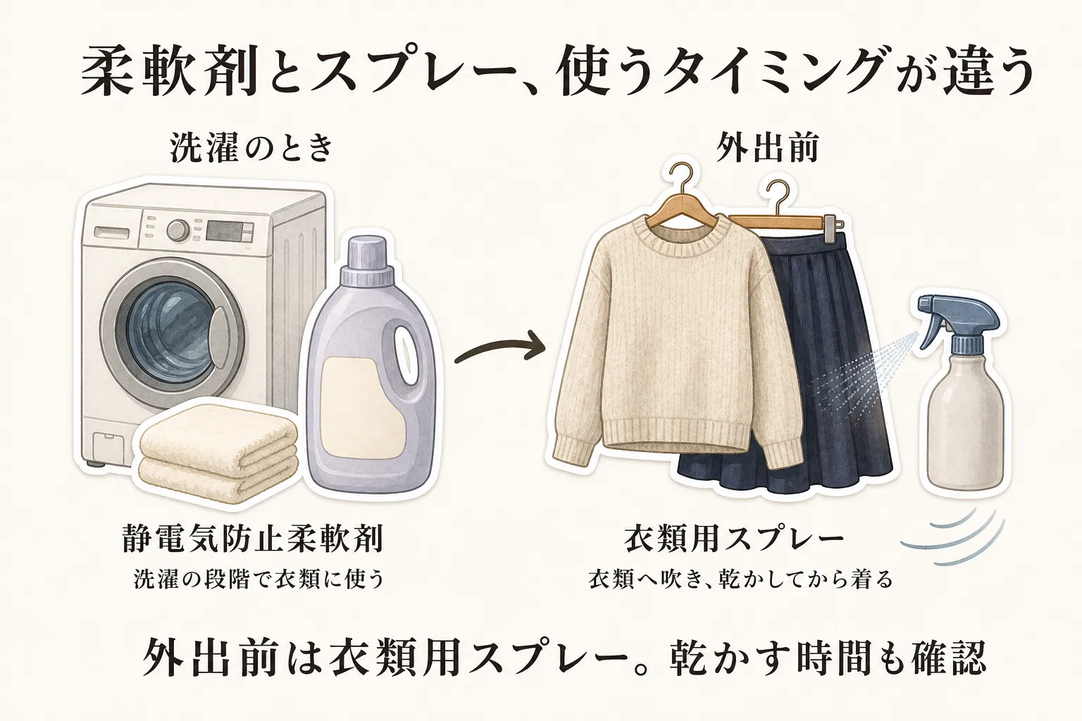 静電気防止柔軟剤と衣類用スプレーの使うタイミングの違いを示す図。左は洗濯機と柔軟剤で、洗濯の段階で衣類に使う。右はニットとスカートにスプレーを吹く場面で、外出前に衣類へ吹き、乾かしてから着ることを示す。