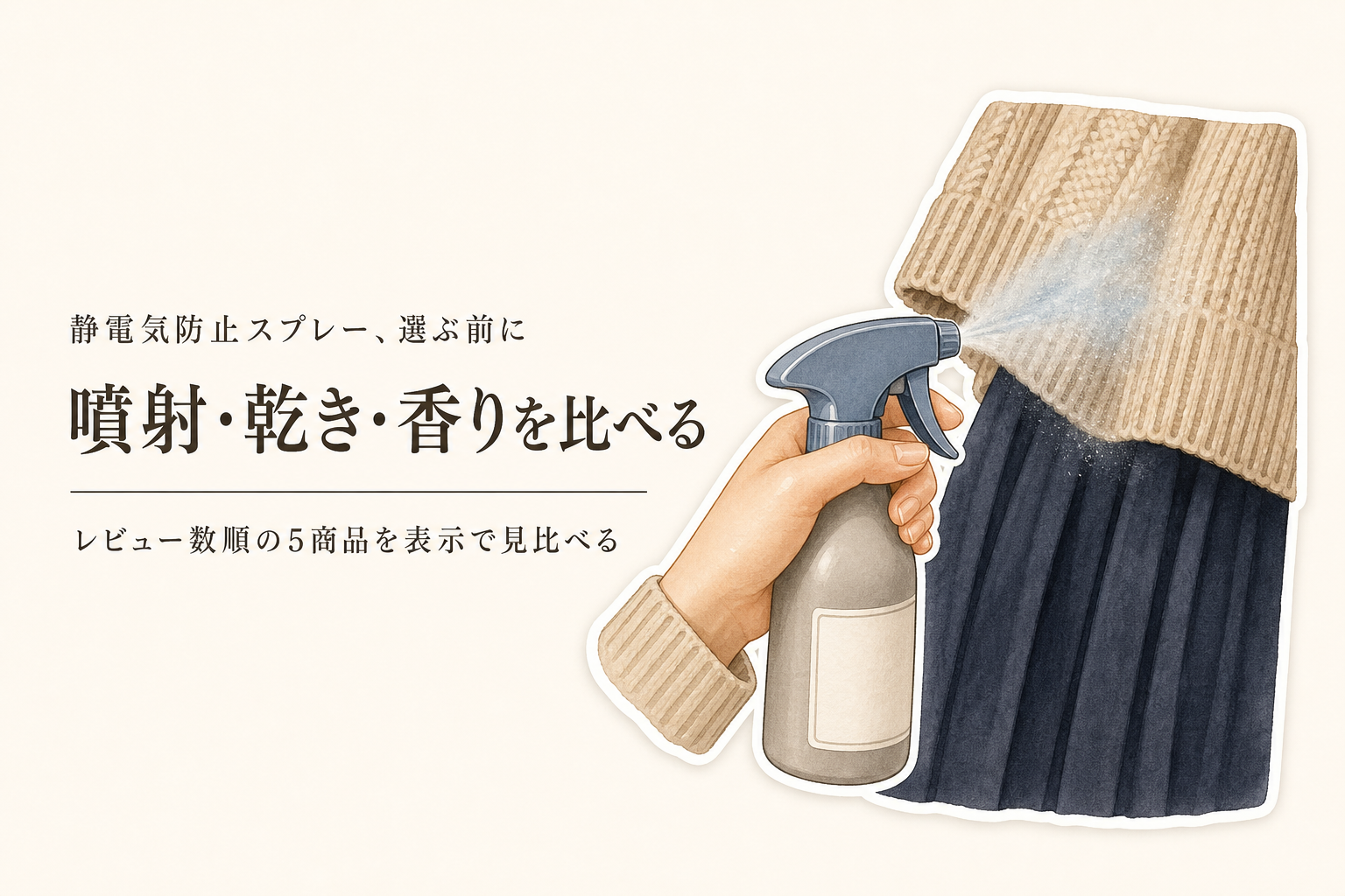 楽天でレビュー数の多い静電気防止スプレー5選｜ニット・スカートの噴射の広がり、乾きやすさ、香りを比較
