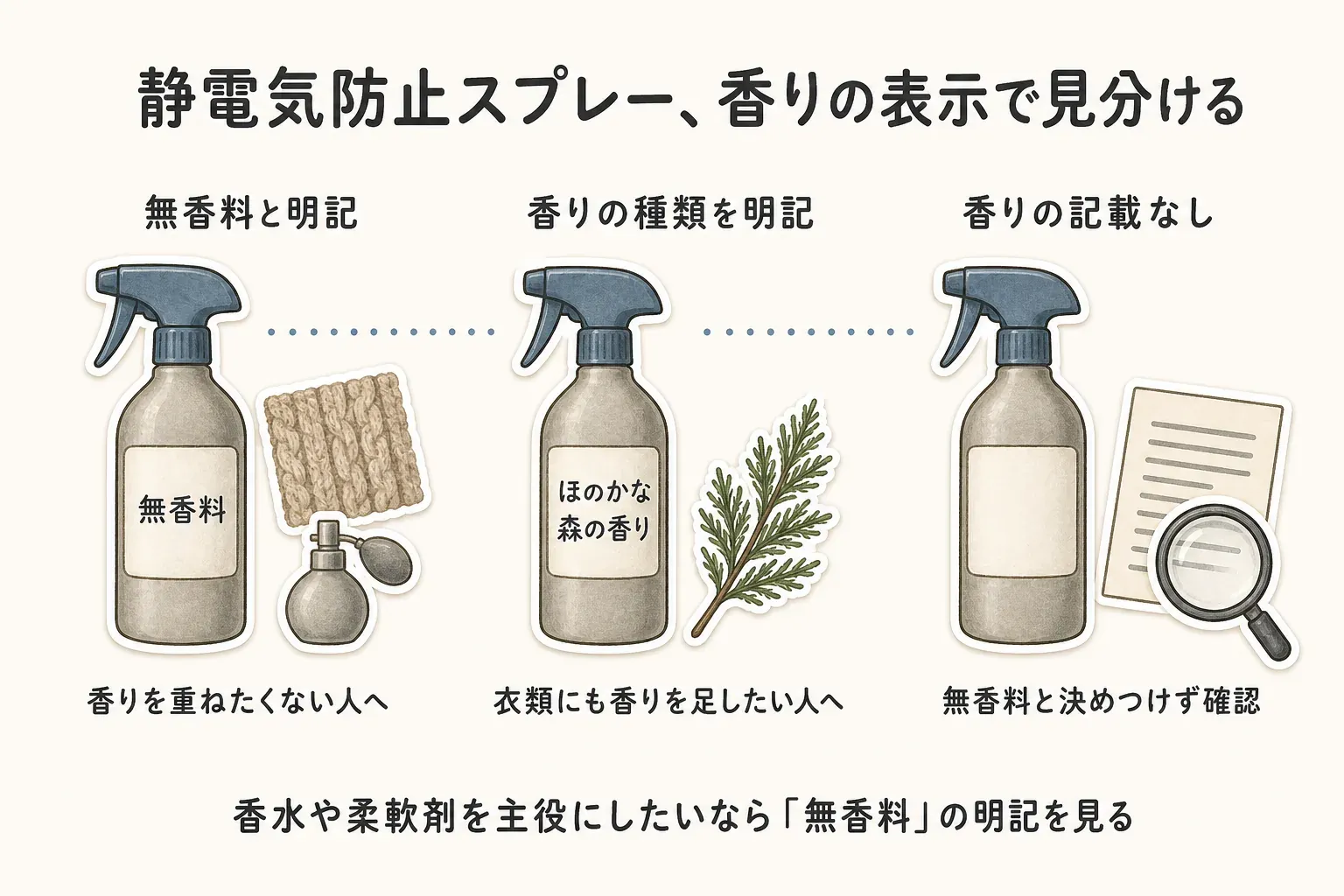 静電気防止スプレーの香りの表示による選び分けを示す図。無香料と明記された商品は香りを重ねたくない人向け、ほのかな森の香りなど香りの種類が明記された商品は衣類にも香りを足したい人向け、香りの記載がない商品は無香料と決めつけず販売ページで確認することを表している。香水や柔軟剤を主役にしたい場合は無香料の明記を見るよう案内している。