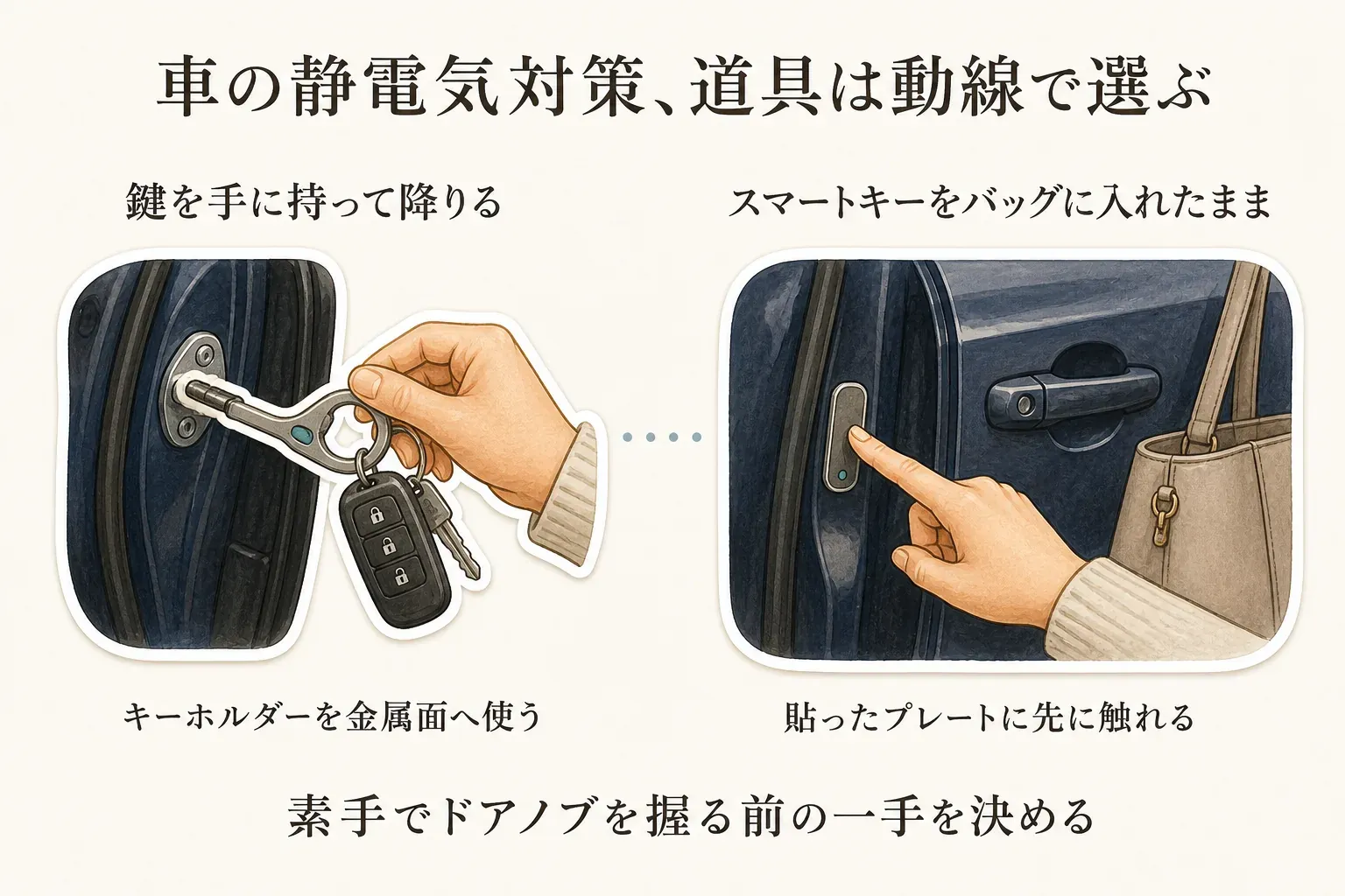 車の静電気対策を降車時の動線で選ぶ図。鍵を手に持って降りる場合は、鍵に付けた静電気除去キーホルダーをドアの金属面へ使う。スマートキーをバッグに入れたままの場合は、車のドアに貼った静電気除去プレートへ先に触れる。どちらも素手でドアノブを握る前の一手を決めることを示している。
