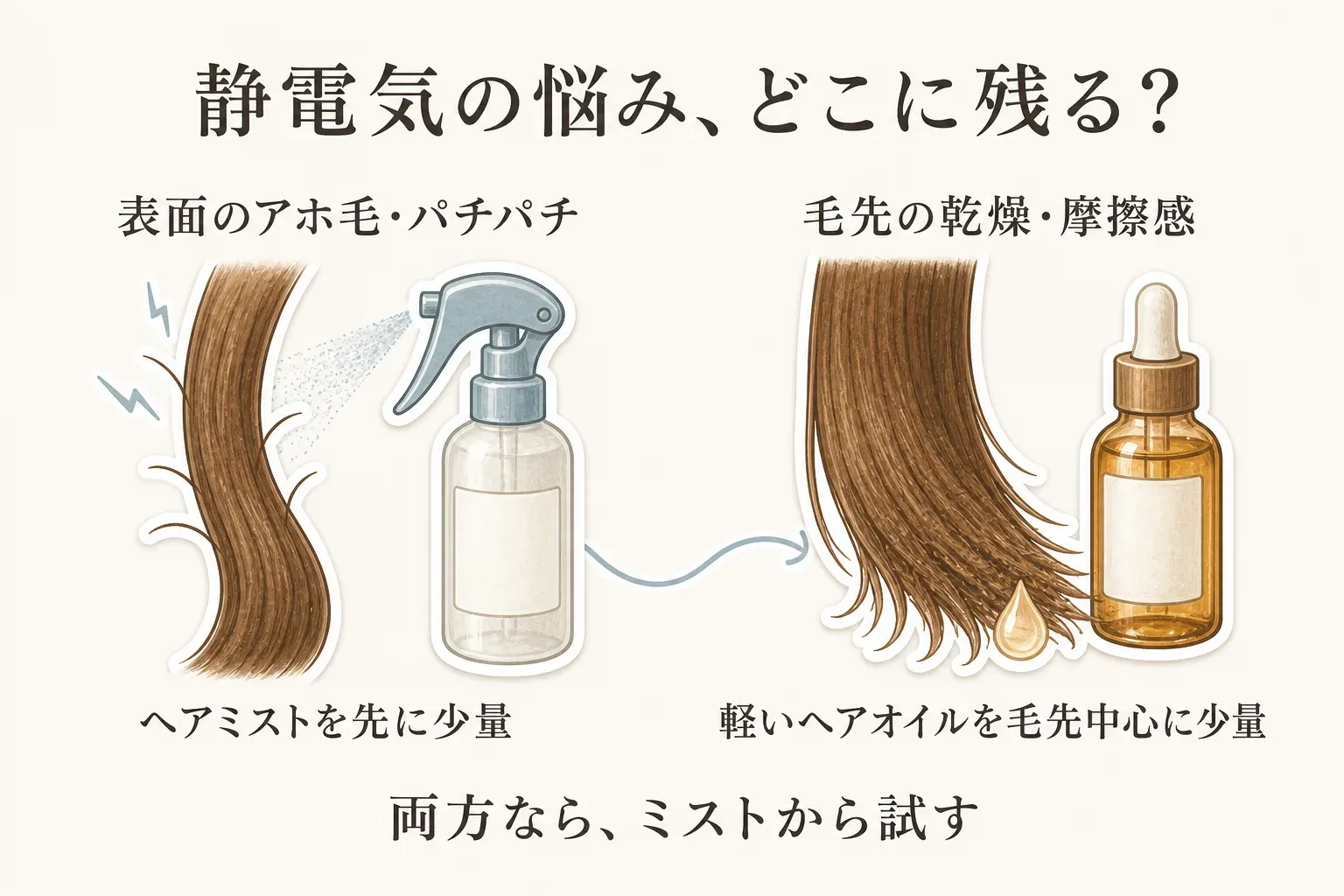 髪の悩む場所でヘアミストとヘアオイルを選ぶ図。乾いた髪の表面でアホ毛やパチパチが気になる場合は軽いヘアミストを少量、毛先のパサつきや摩擦感が気になる場合は軽いヘアオイルを毛先中心に少量使う考え方を示している。