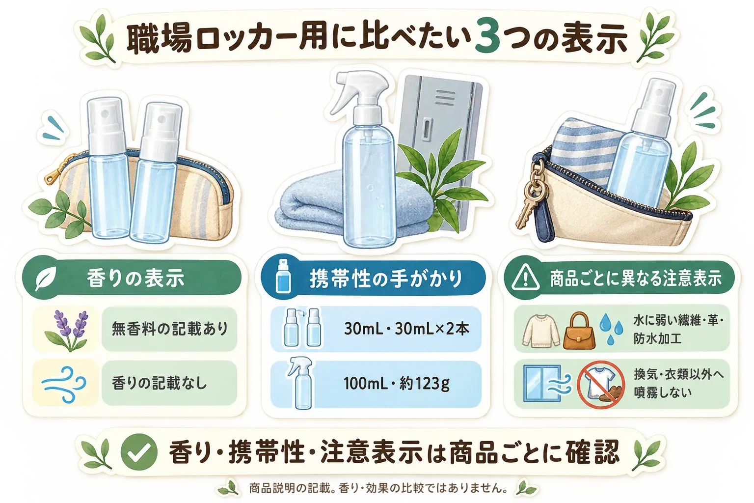 職場ロッカー用の静電気防止スプレーで比べたい3つの表示を示す図。香りは無香料の記載あり・香りの記載なし、携帯性は30mL・30mL×2本・100mL約123g、注意表示は水に弱い繊維・革・防水加工、換気、衣類以外へ噴霧しないことを確認する。商品説明の記載に基づく比較で、香りや効果の比較ではない。
