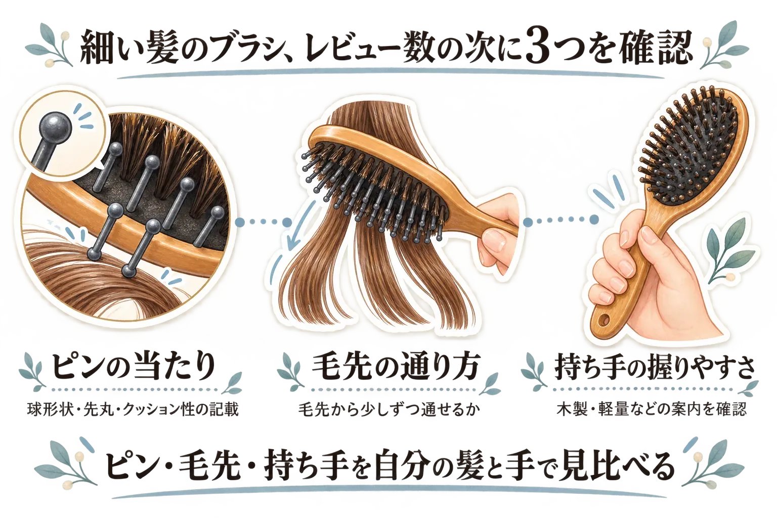 細い髪向けのヘアブラシを選ぶ際に、レビュー数の次に確認する3つの軸を示す図。ピンの当たりは球形状・先丸・クッション性の記載、毛先の通り方は毛先から少しずつ通せるか、持ち手の握りやすさは木製・軽量などの案内を確認する。
