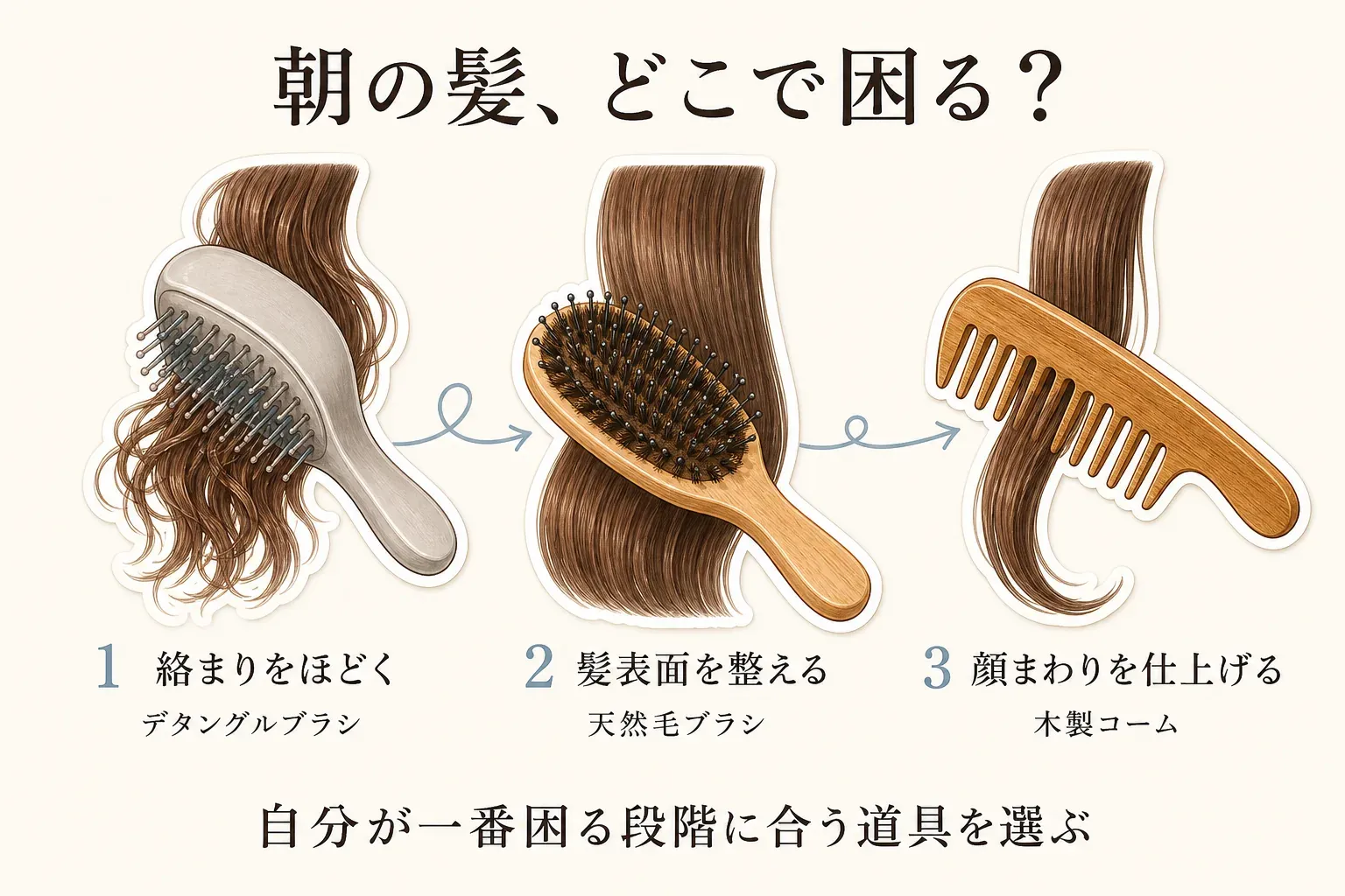 朝の髪で困る段階に合う道具を選ぶ図。1は絡まりをデタングルブラシでほどく、2は髪表面を天然毛ブラシで整える、3は顔まわりを木製コームで仕上げるという3段階を示している。