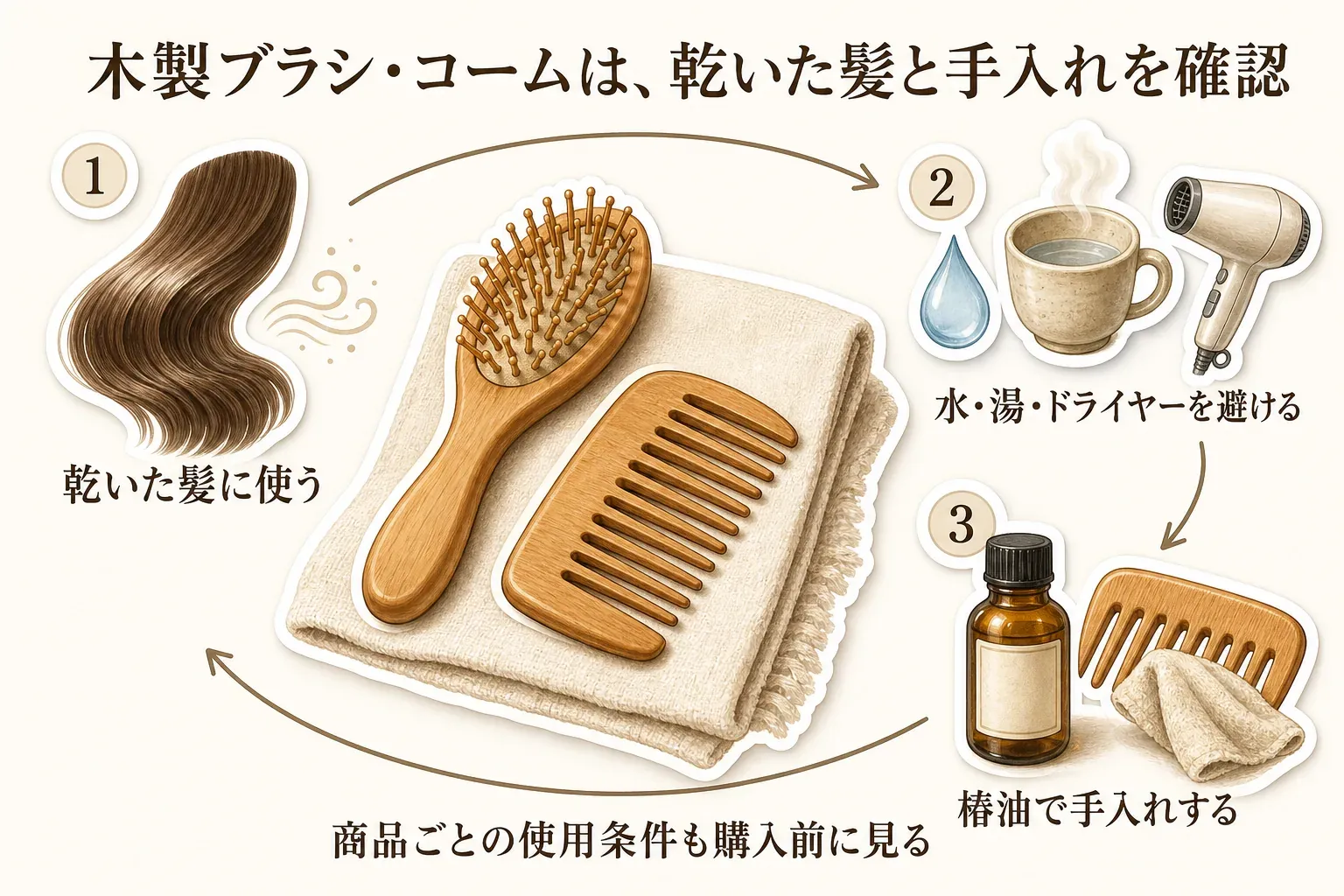 木製ブラシ・木製コームの手入れを示す図。乾いた髪に使い、水・湯・ドライヤーを避け、椿油と布で手入れする3つの注意点を示している。商品ごとの使用条件も購入前に確認するよう案内している。