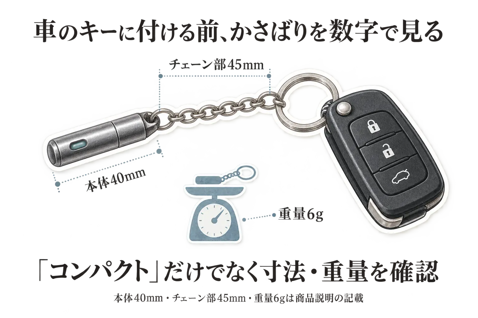 静電気除去キーホルダーを車のキーに付けた例と、かさばりを数字で確認する図。カーメイトの説明にある本体40mm、チェーン部45mm、重量6gを示し、本体だけでなくチェーンを含めた大きさと重さを確認することを表している。