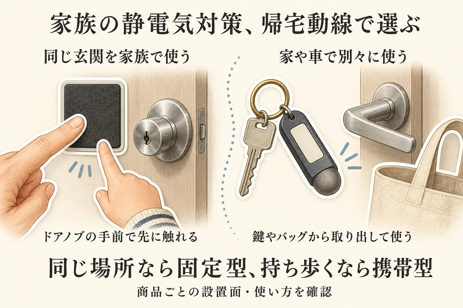 家族の玄関で静電気対策を選ぶ図。全員が同じ玄関を使い、ドアノブの手前で触れる場所を作れる場合は固定型の静電気除去シートやタッチプレートを選び、家族ごとに別の場所から帰宅したり玄関以外の金属にも触れたりする場合は鍵やバッグに付ける携帯型キーホルダーを選ぶ流れを示している。