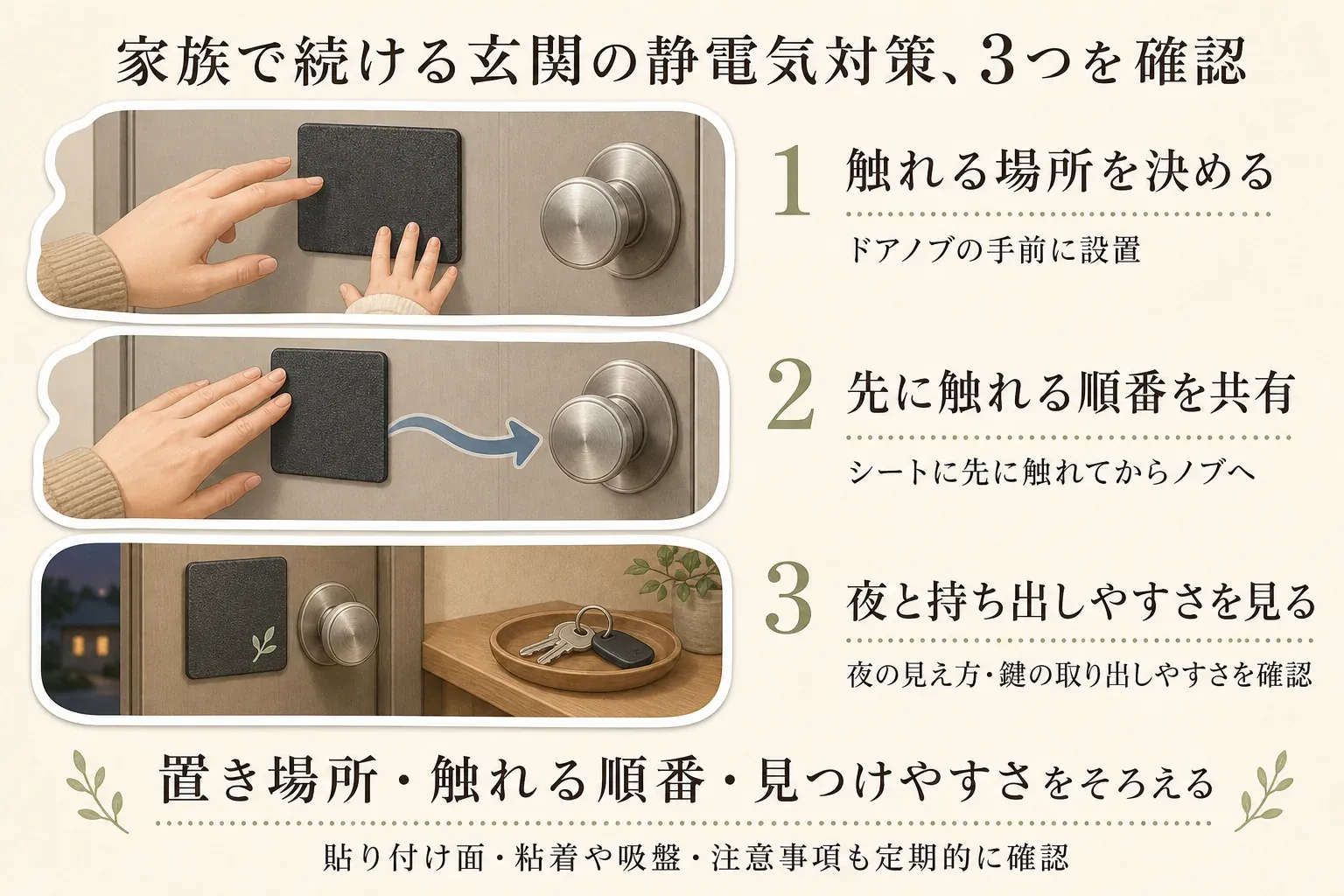 家族で続ける玄関の静電気対策チェックを示す図。ドアノブの手前で触れる位置を決める、シートまたはキーホルダーに先に触れると共有する、固定型は夜間の見え方・携帯型は鍵やバッグからの取り出しやすさを確認する、貼り付け面や粘着・吸盤の状態と注意事項を定期的に見る、強い刺激が続く場合は湿度・衣類・靴・床との摩擦を見直す、という5項目を示している。