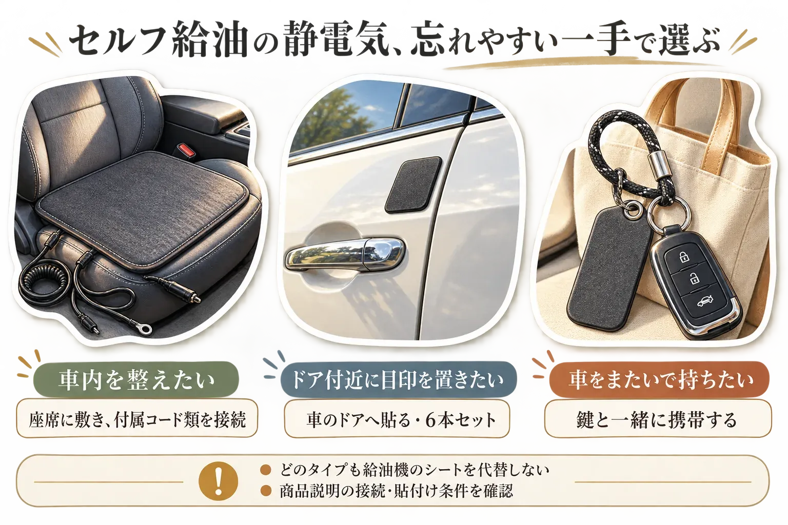 セルフ給油前に忘れやすい一手で用品を選ぶ図。車内を整えたい場合は座席に敷いて付属コード類を接続するカーシートマット、ドア付近に目印を置きたい場合は車のドアへ貼る6本セットのプレート、車をまたいで持ちたい場合は鍵と一緒に携帯するキーホルダーを示す。どのタイプも給油機の静電気除去シートの代替にはならず、商品説明の接続・貼付け条件を確認するよう示している。