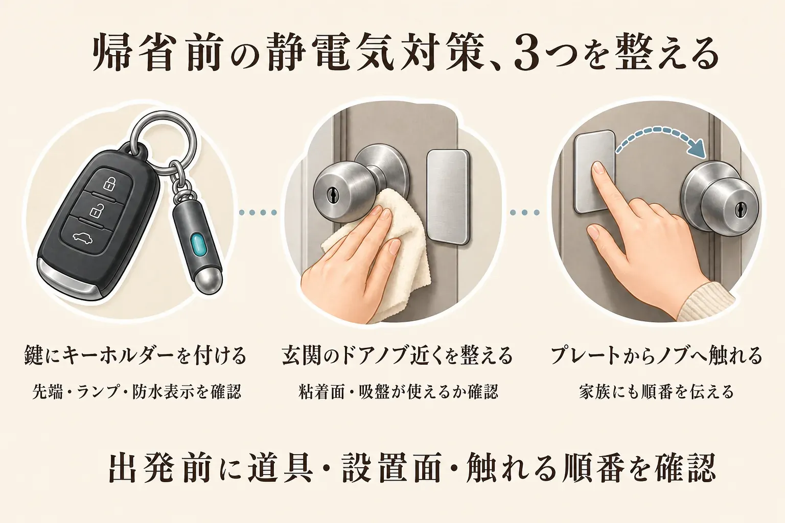 帰省前の静電気対策の準備確認を示す図。車の鍵に静電気除去キーホルダーを付けて使用順を試すこと、玄関のドアノブ近くを清掃してタッチプレートを貼ること、プレートに触れてからドアノブへ触る動作を家族で共有することを示している。